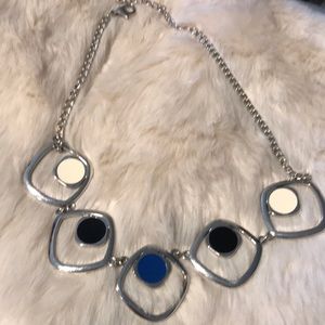 Abstract geo silver based blue,black, cream necklace